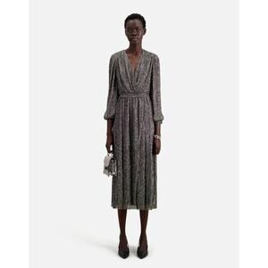$545 The Kooples Metallic Pleated Long Sleeve Midi Dress Sz1